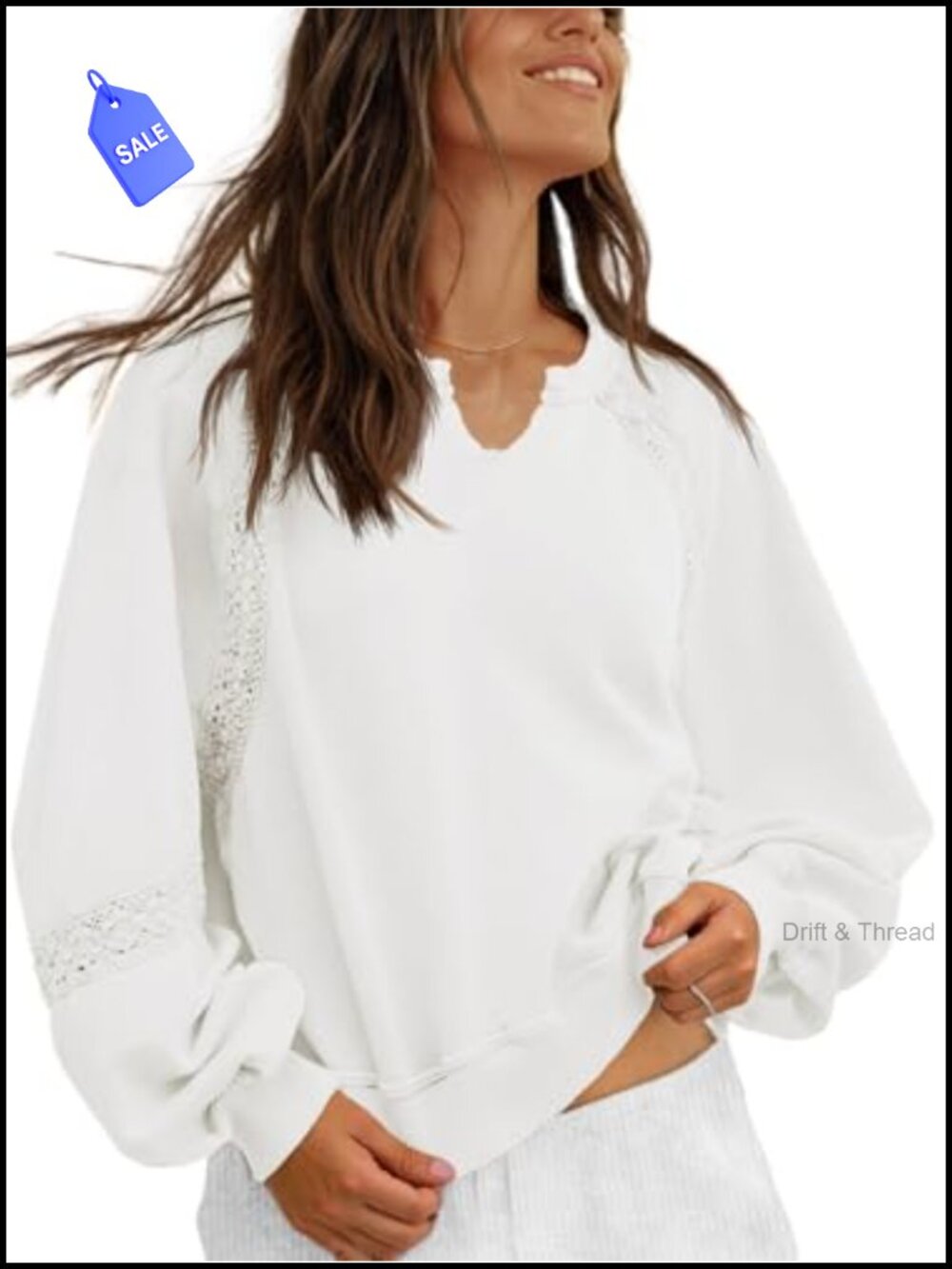 Womens Lace V-Neck Cropped Sweatshirt Lantern Sleeve Ribbed Trim